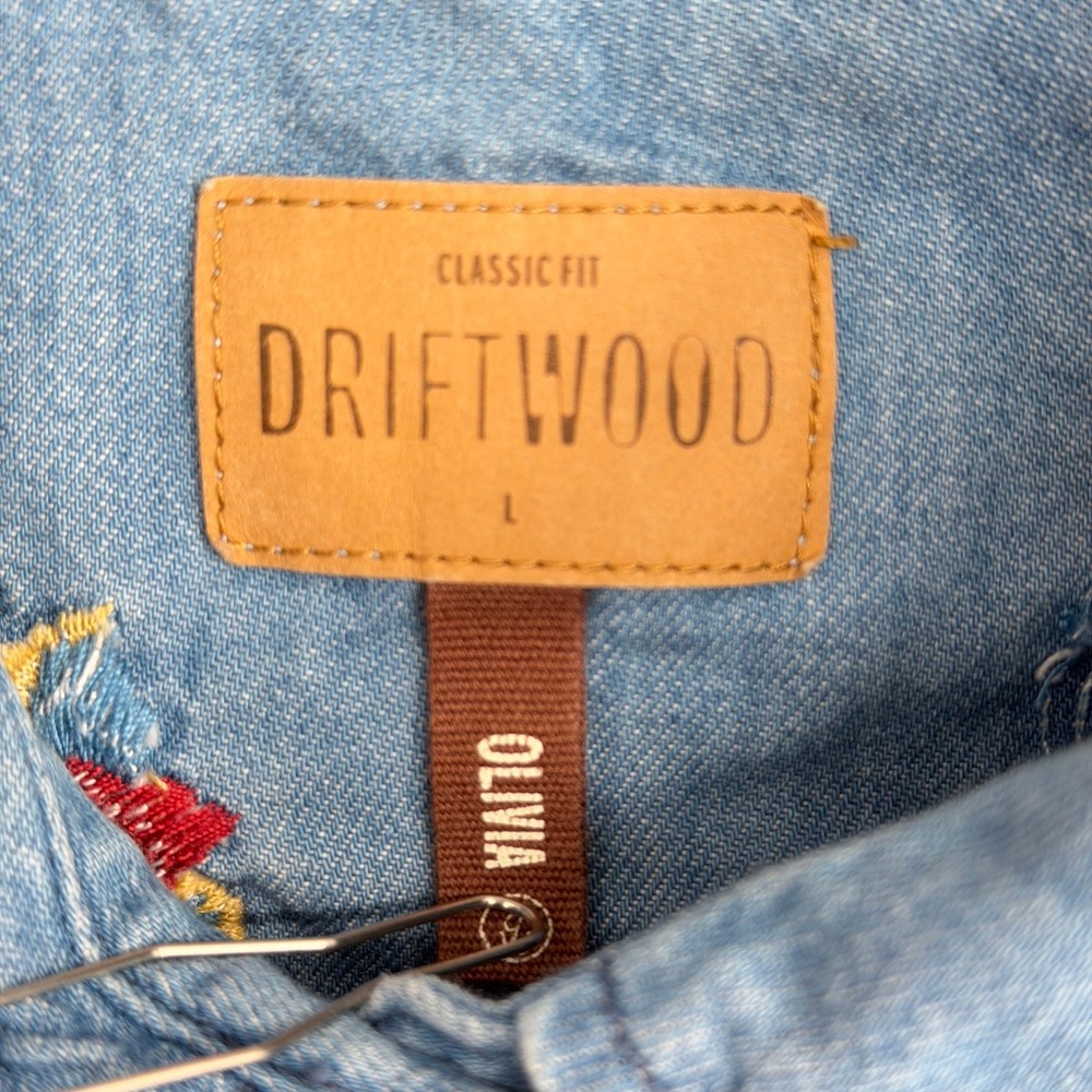 Driftwood Olivia Embroidered Denim Western Shirt LRG Floral Butterfly Pearl Snap - Picture 3 of 12